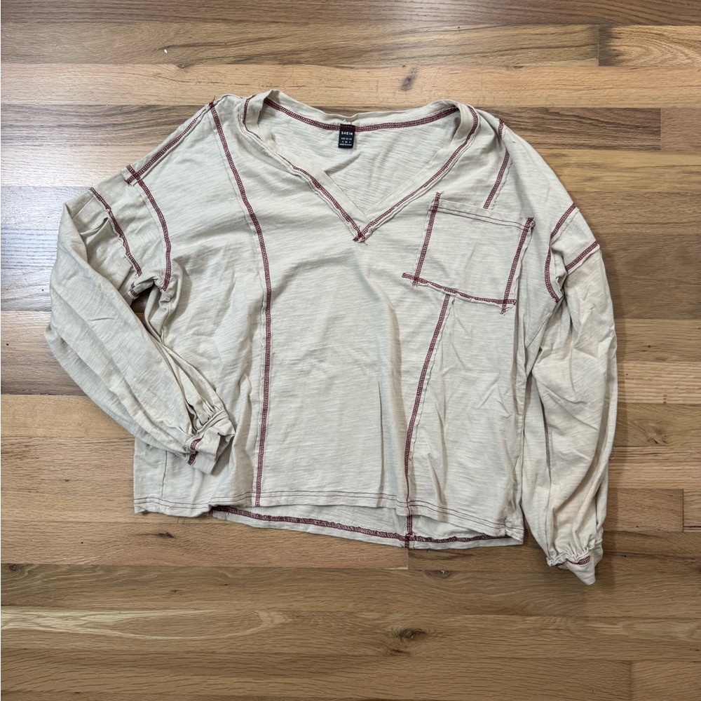 Boxy V-Neck Long Sleeve Top with Contrast Stitching - Cream & Rust